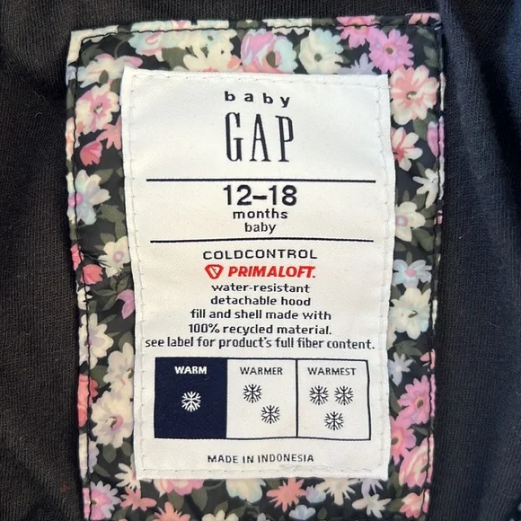 GAP Baby Girl Floral Puffer Jacket Coldcontrol Primaloft 12-18M - Picture 7 of 8